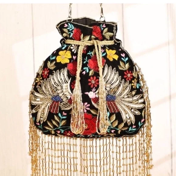 $259 MSRP - Ramla MUMBAI Hand-Embroidered Bag - BLACK, GOLD & MULTICOLOR Floral - Picture 1 of 4